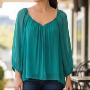 DVF Diane von Fürstenberg Teal Silk Blouse Sheer Sleeves Size 8 (Fits S)